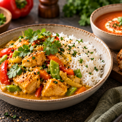 Japansk kyllingkarris med ris og suppe